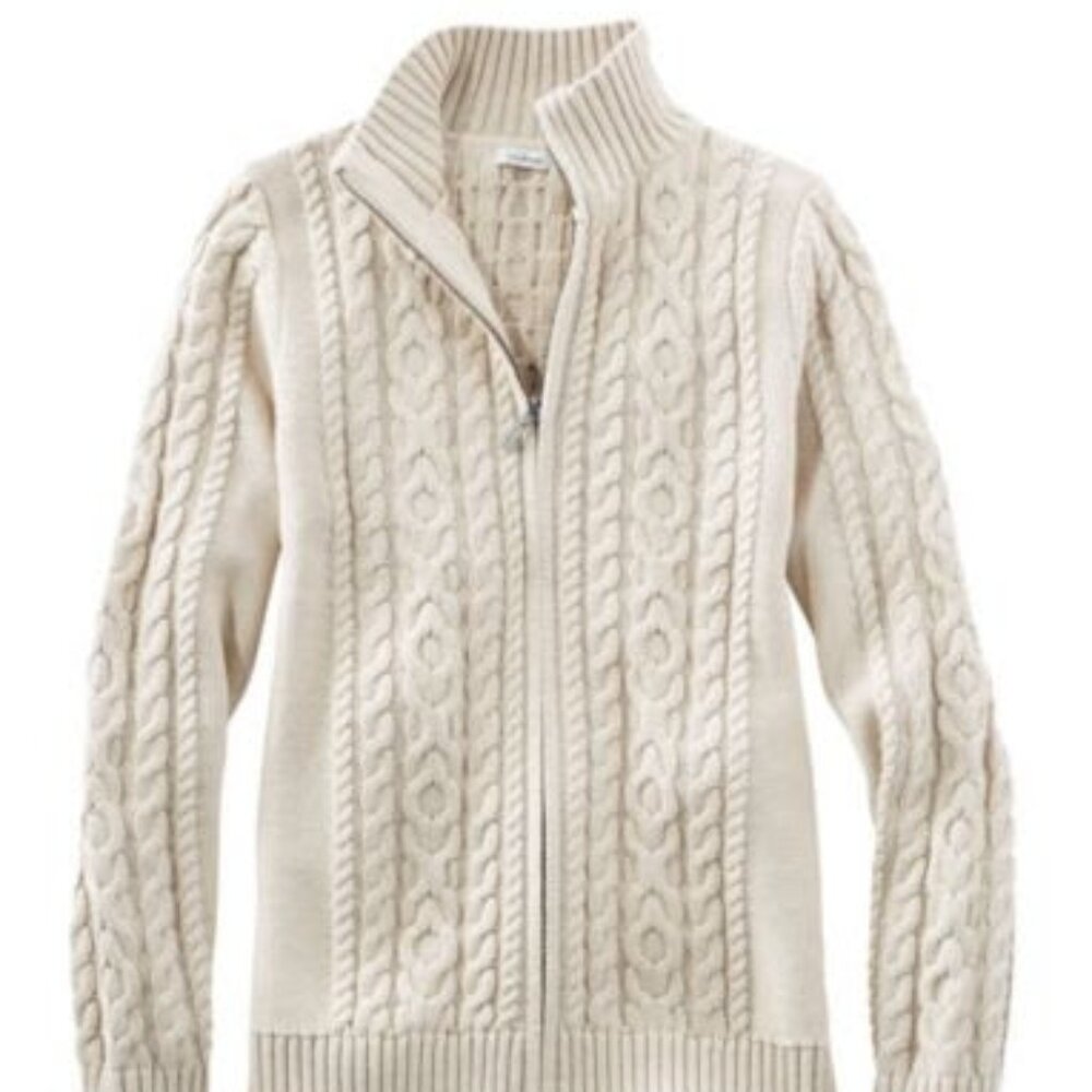 LL Bean Double L Sweater Mock Neck Cable Zip Cardigan in Stone size L